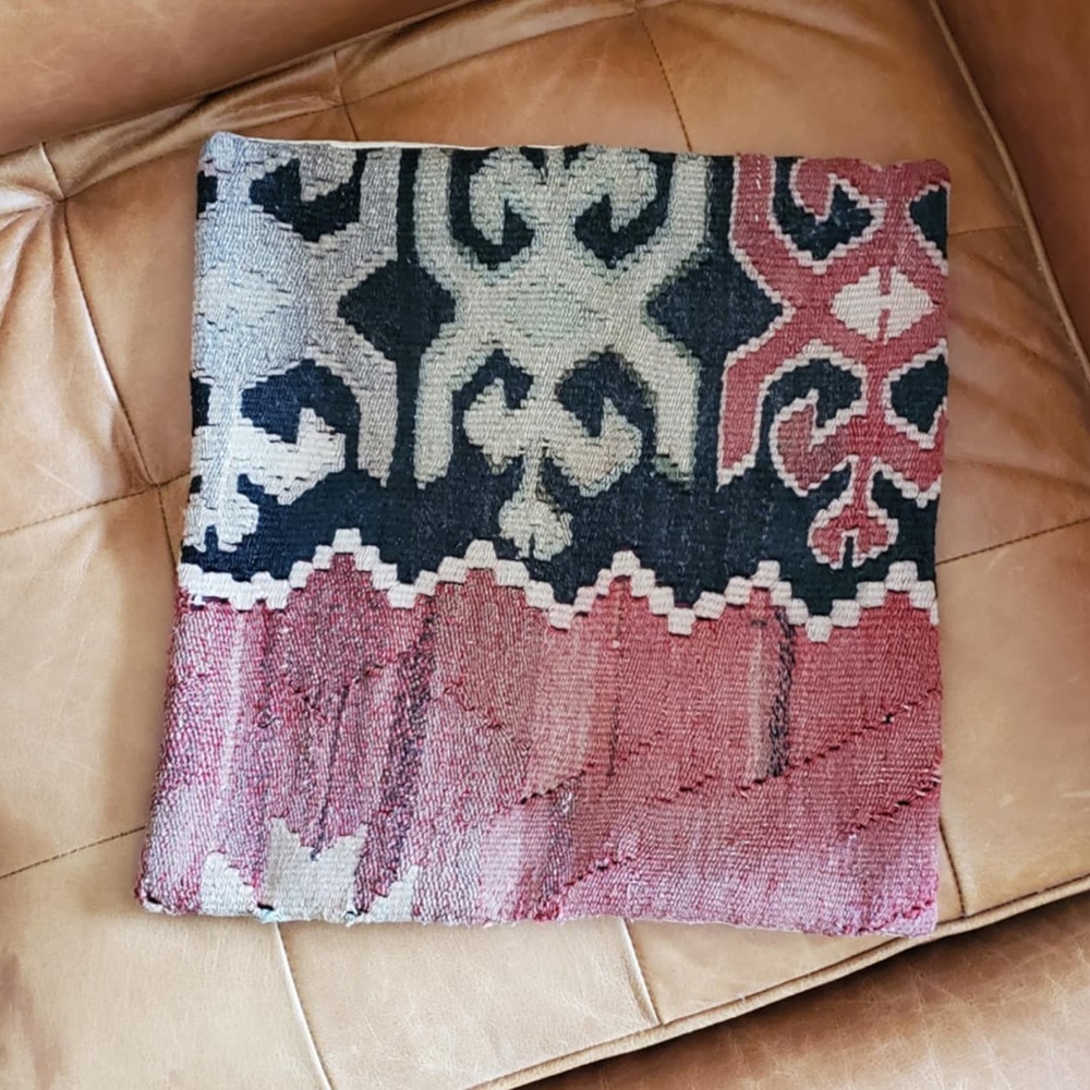 Hand Woven Turkish Old Kilim Wool Brown Red Throw Pillow Cover 15.5" x 15.5”